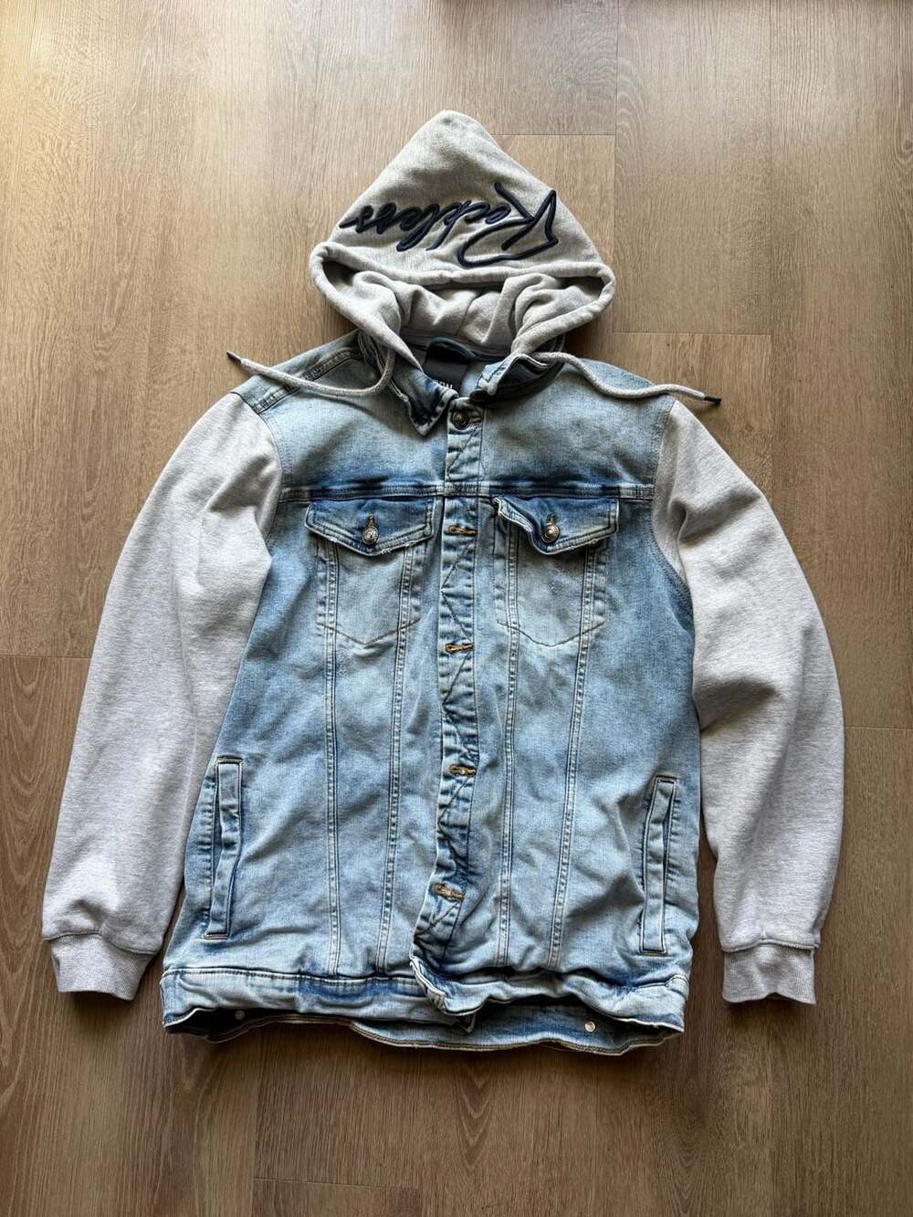 FSBN Men's Denim Jacket with Fleece Hoodie and Embroidered Reckless Detail 0019